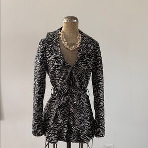 Sandro Studio- Animal Print Ruffle Front and Bottom Jacket, Black/White w/ Belt